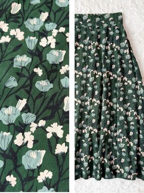 Pact Woman Green Floral Organic Cotton Flared Elastic Waist Midi Skirt SMALL